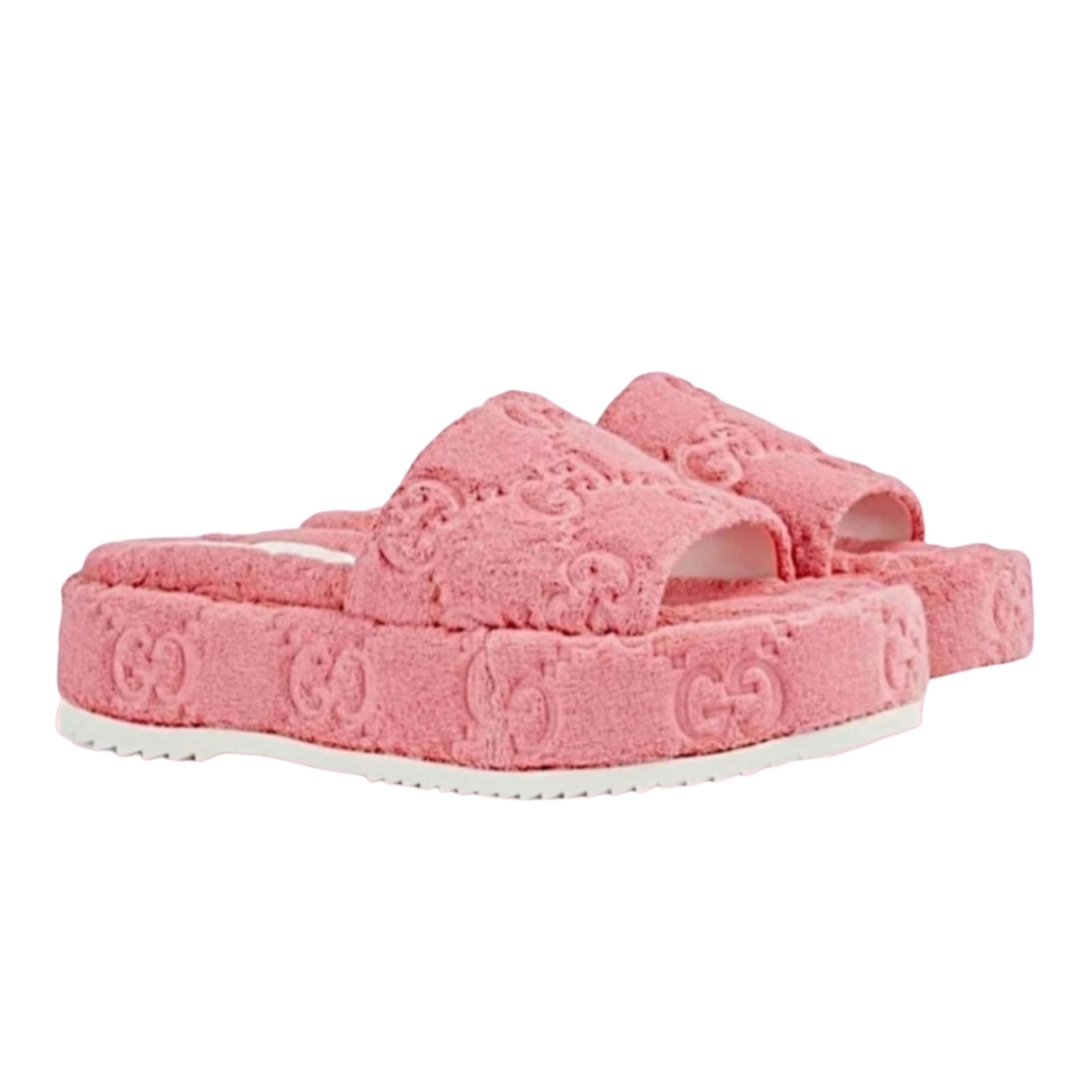 Nib Gucci Pink Angelina Terrycloth Gg Monogram Platform Luxury Slides + Box 6.5